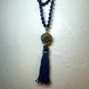 BEADED KNOTTED LAPIS LAZULI CHAIN NECKLACE TASSEL PENDANT 20” DROP